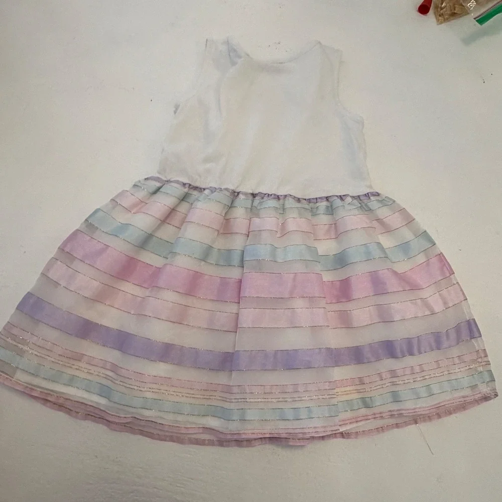 The Childrens Place Girls White Lace Pastel Striped Party Dress 4T Gold Metallic